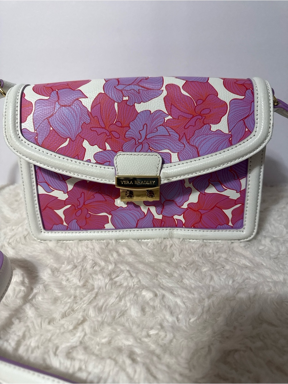 Vera Bradley White Trim Crossbody with Pink and Purple Floral Print